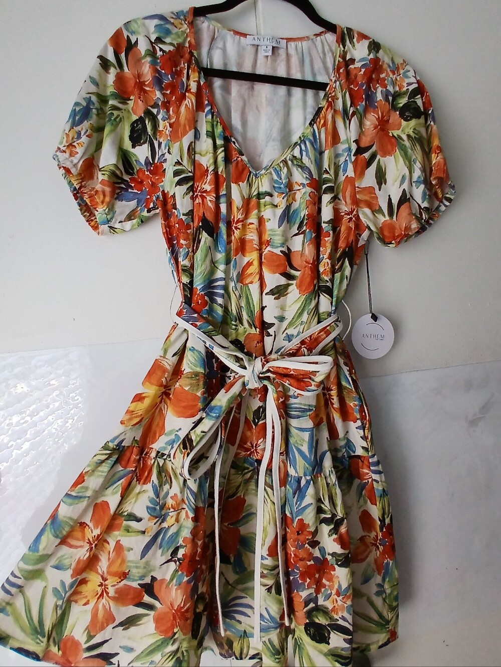 Nwt Anthem Floral Tie-Waist Short Sleeve Dress in Orange Size S